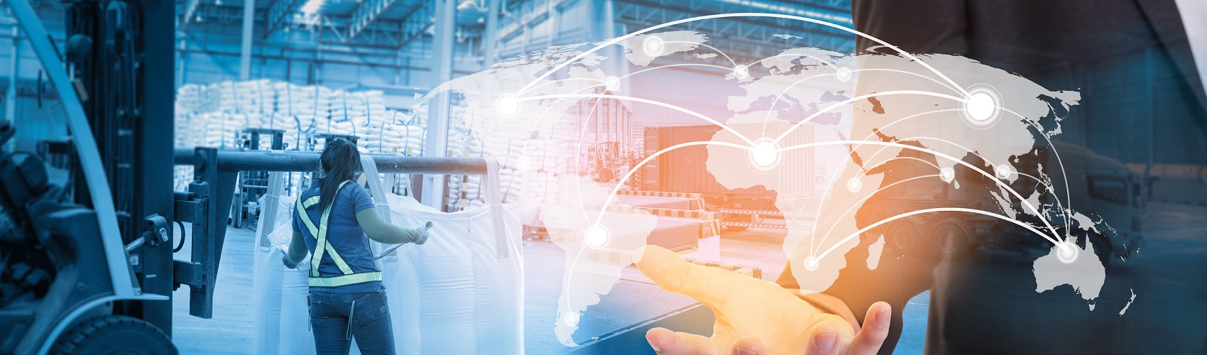 Global Network Coverage World Map On Hand Of Businessman ,Distribution Of Goods In Warehouse Process Checking For Logistic Import Export Background (Elements Of This Image Furnished By NASA)