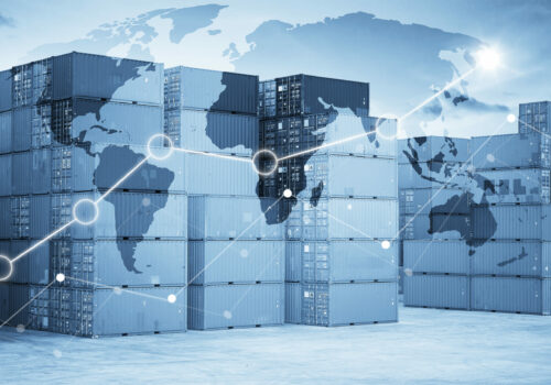 Businesss charts with Map global logistics partnership connection, Container Cargo background.